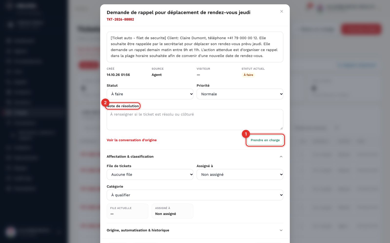 Un ticket créé par l'agent